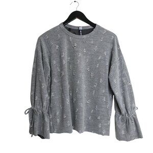 Design Lab Distressed Tie-Sleeve Pullover Sweater Top Grey Size Small